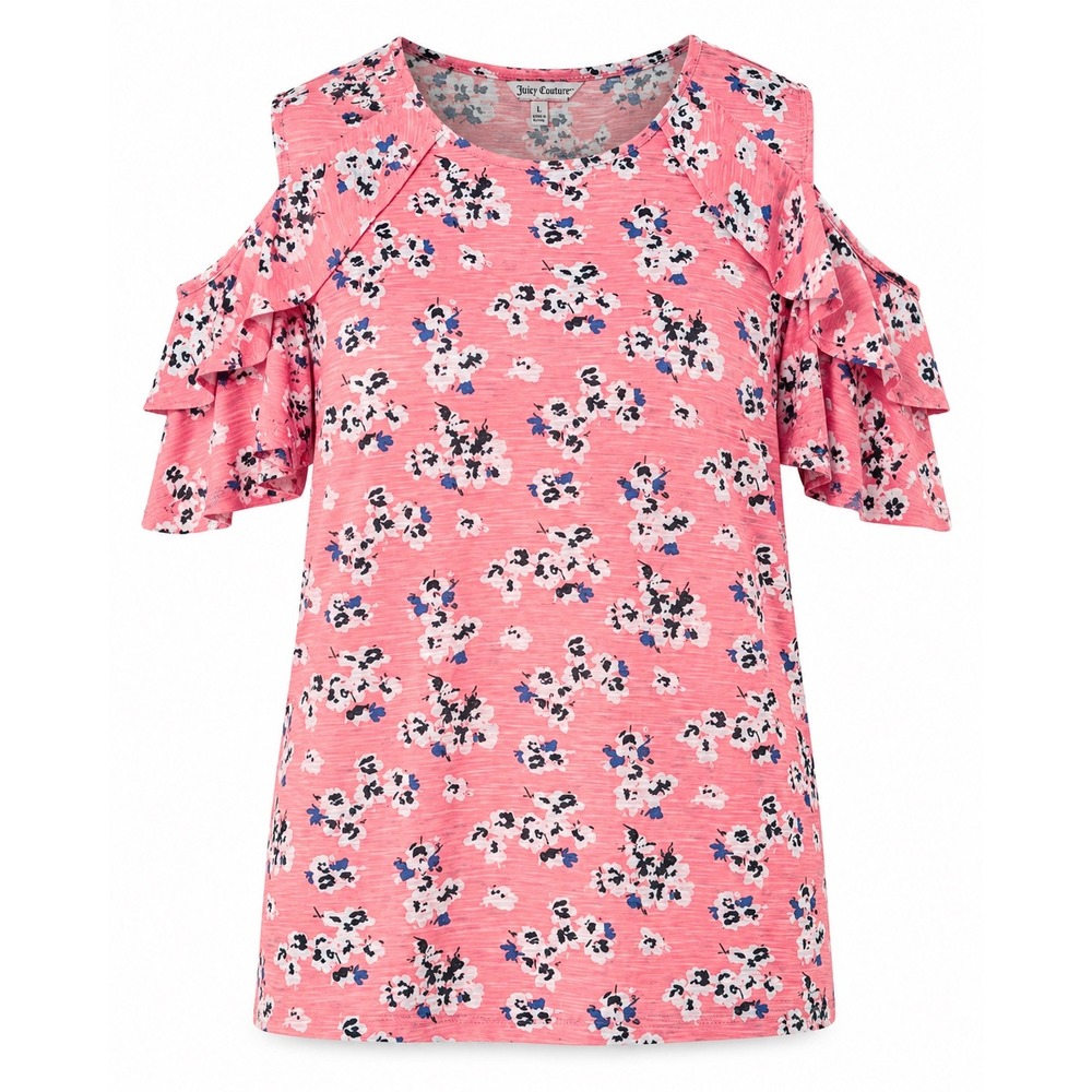Juicy Couture Pink Floral Cold Shoulder Ruffle Sleeve Top Cottagecore Girly Sz L - Picture 2 of 15